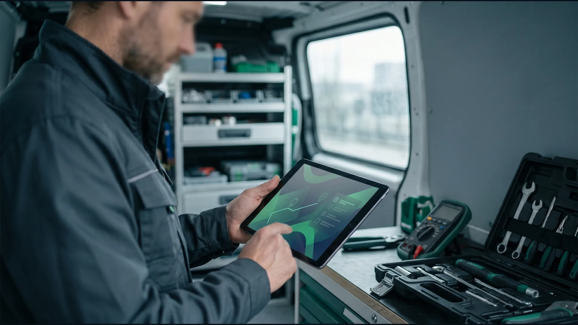 Monteur gebruikt een tablet in een servicebus, als sfeerbeeld voor VakFlow buitendienstsoftware.