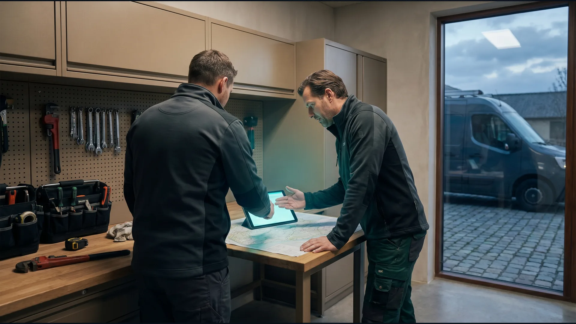 Monteurs bereiden installatiewerk voor met een tablet, als sfeerbeeld voor VakFlow installatiebedrijven.